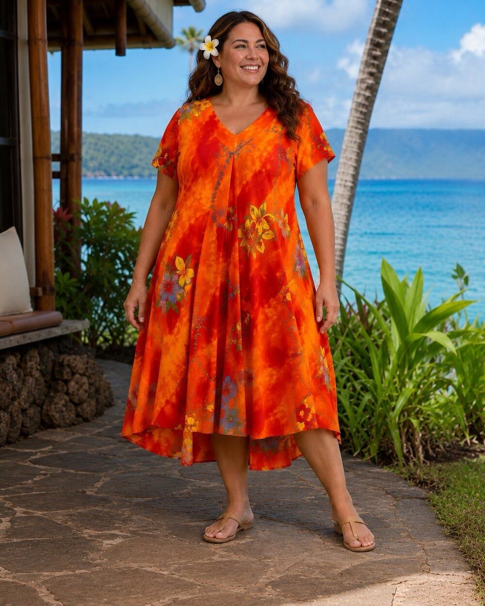Tropical Tantrum Hawaiian Batik Dress Womens 2XL Orange Floral Rayon Bali Boho